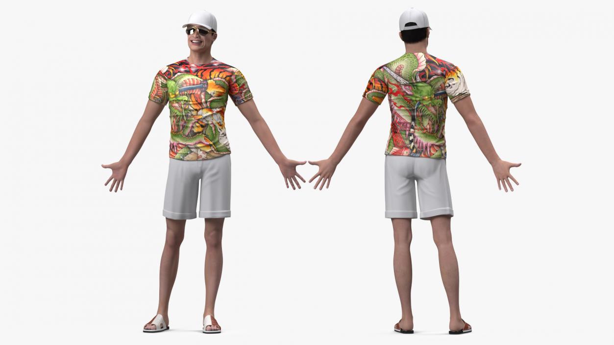 Asian Man Summer Outfits Smiling Pose 3D