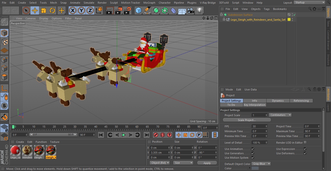 3D model Lego Sleigh with Reindeers and Santa Set