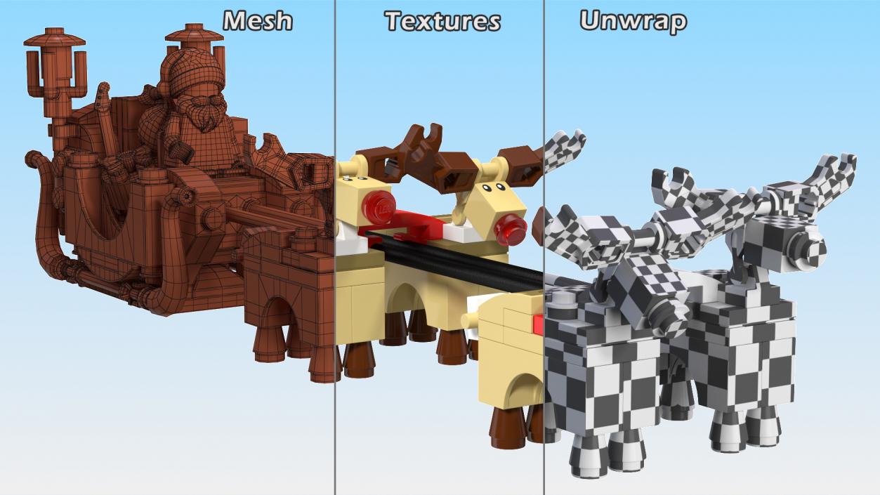 3D model Lego Sleigh with Reindeers and Santa Set