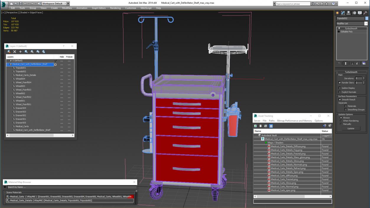 Medical Cart with Defibrillator Shelf 3D