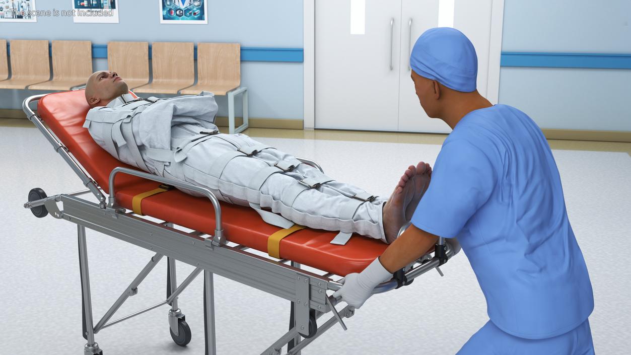 3D Paramedic Pushing Stretcher with Straitjacket Patient model