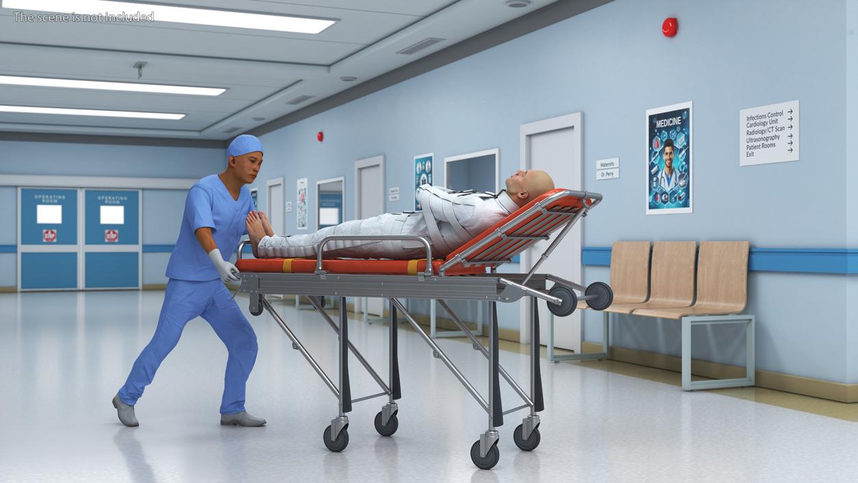 3D Paramedic Pushing Stretcher with Straitjacket Patient model