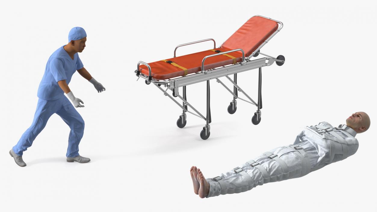 3D Paramedic Pushing Stretcher with Straitjacket Patient model