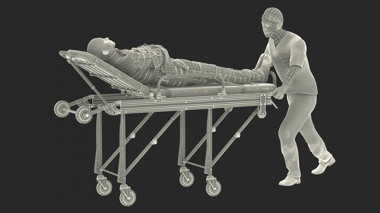 3D Paramedic Pushing Stretcher with Straitjacket Patient model