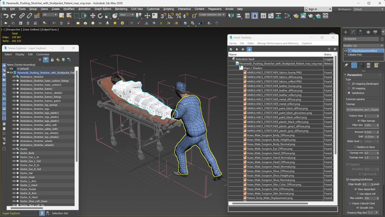 3D Paramedic Pushing Stretcher with Straitjacket Patient model