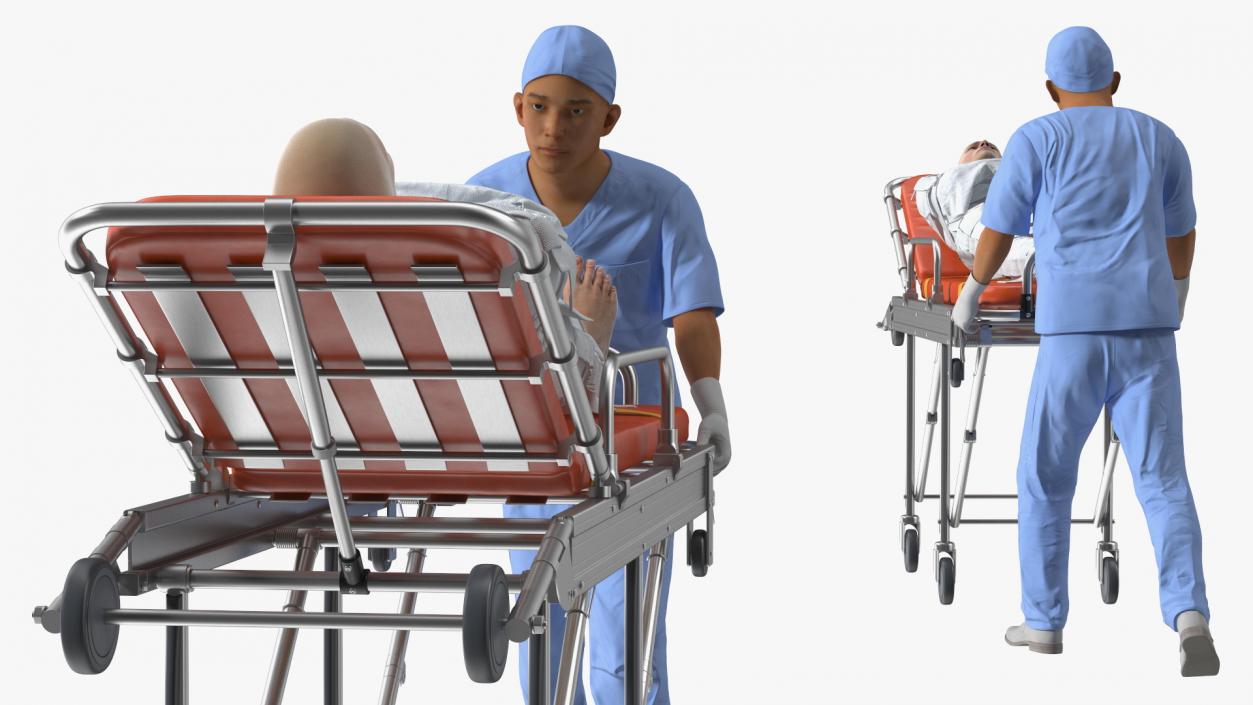 3D Paramedic Pushing Stretcher with Straitjacket Patient model