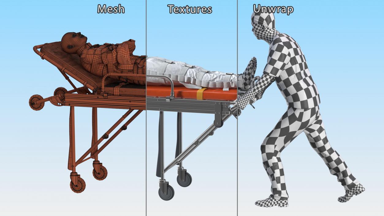 3D Paramedic Pushing Stretcher with Straitjacket Patient model