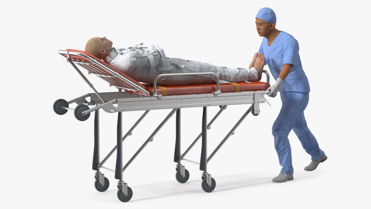 3D Paramedic Pushing Stretcher with Straitjacket Patient model