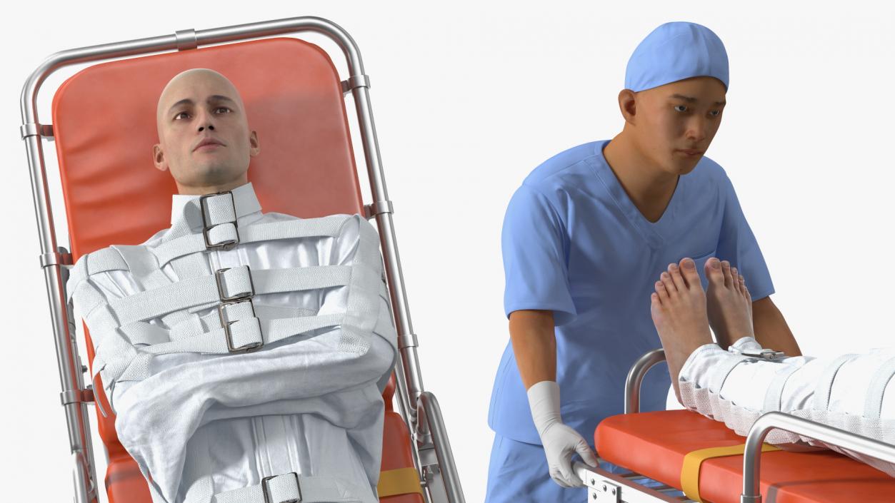 3D Paramedic Pushing Stretcher with Straitjacket Patient model