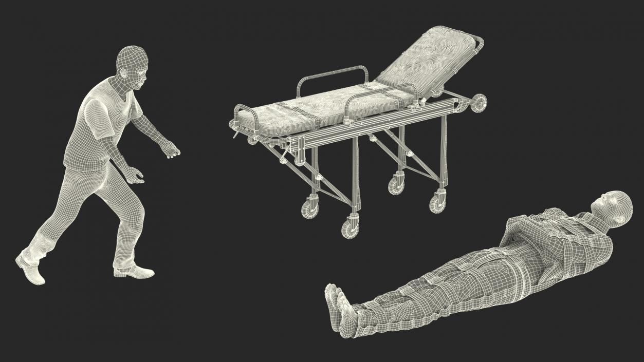 3D Paramedic Pushing Stretcher with Straitjacket Patient model