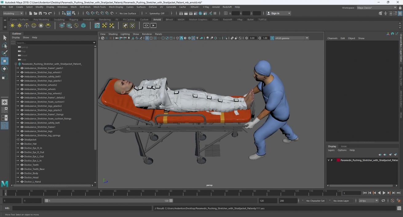 3D Paramedic Pushing Stretcher with Straitjacket Patient model