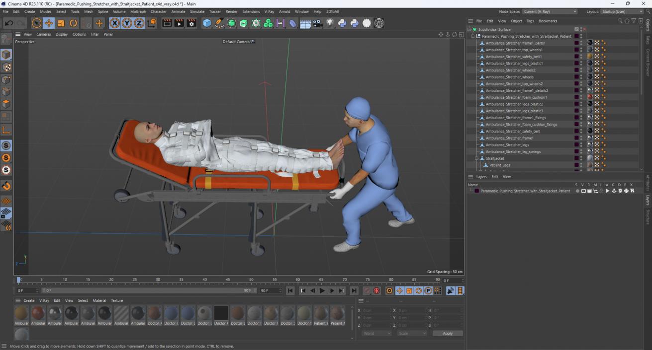 3D Paramedic Pushing Stretcher with Straitjacket Patient model