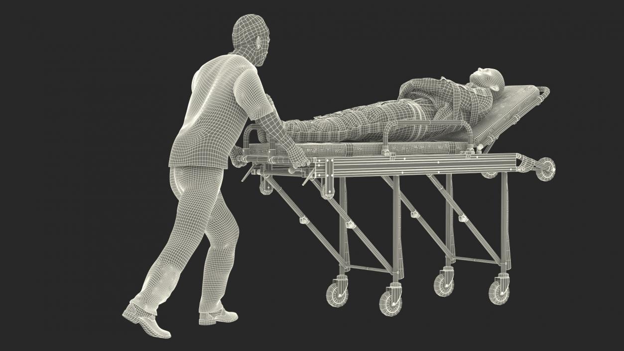 3D Paramedic Pushing Stretcher with Straitjacket Patient model