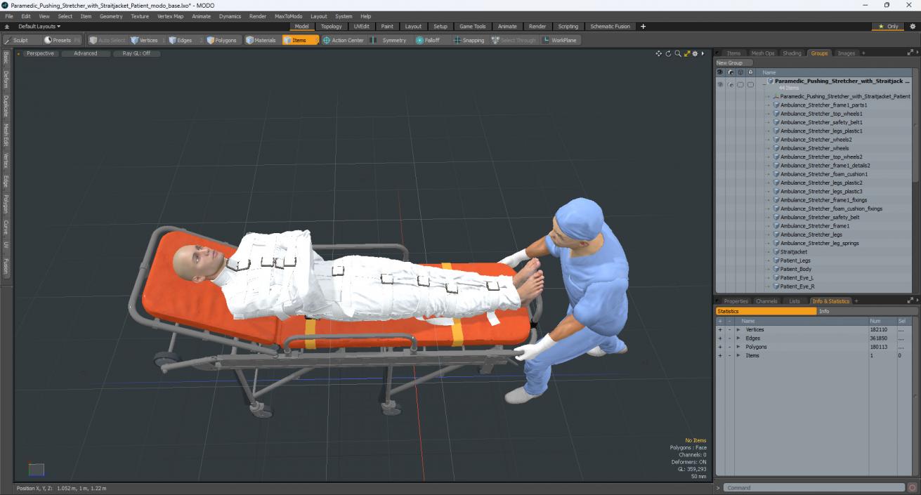 3D Paramedic Pushing Stretcher with Straitjacket Patient model