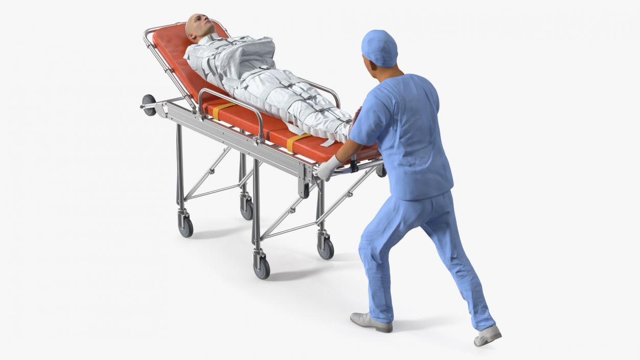 3D Paramedic Pushing Stretcher with Straitjacket Patient model