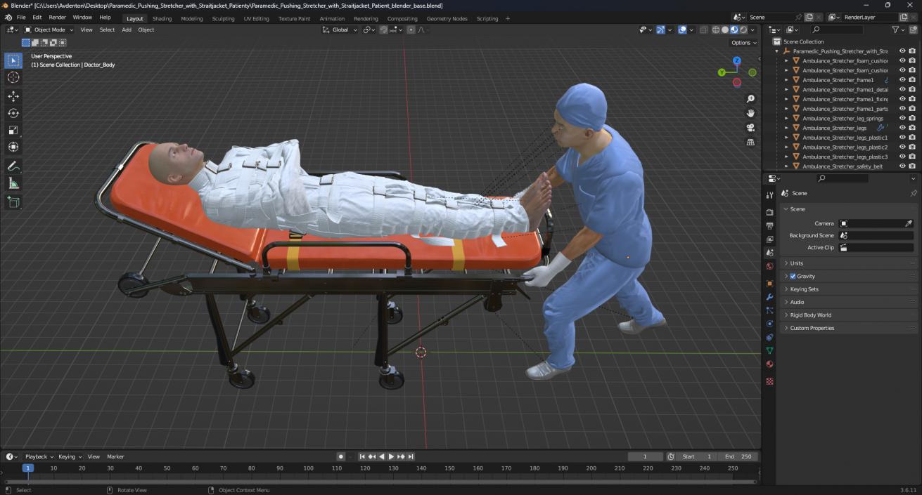 3D Paramedic Pushing Stretcher with Straitjacket Patient model