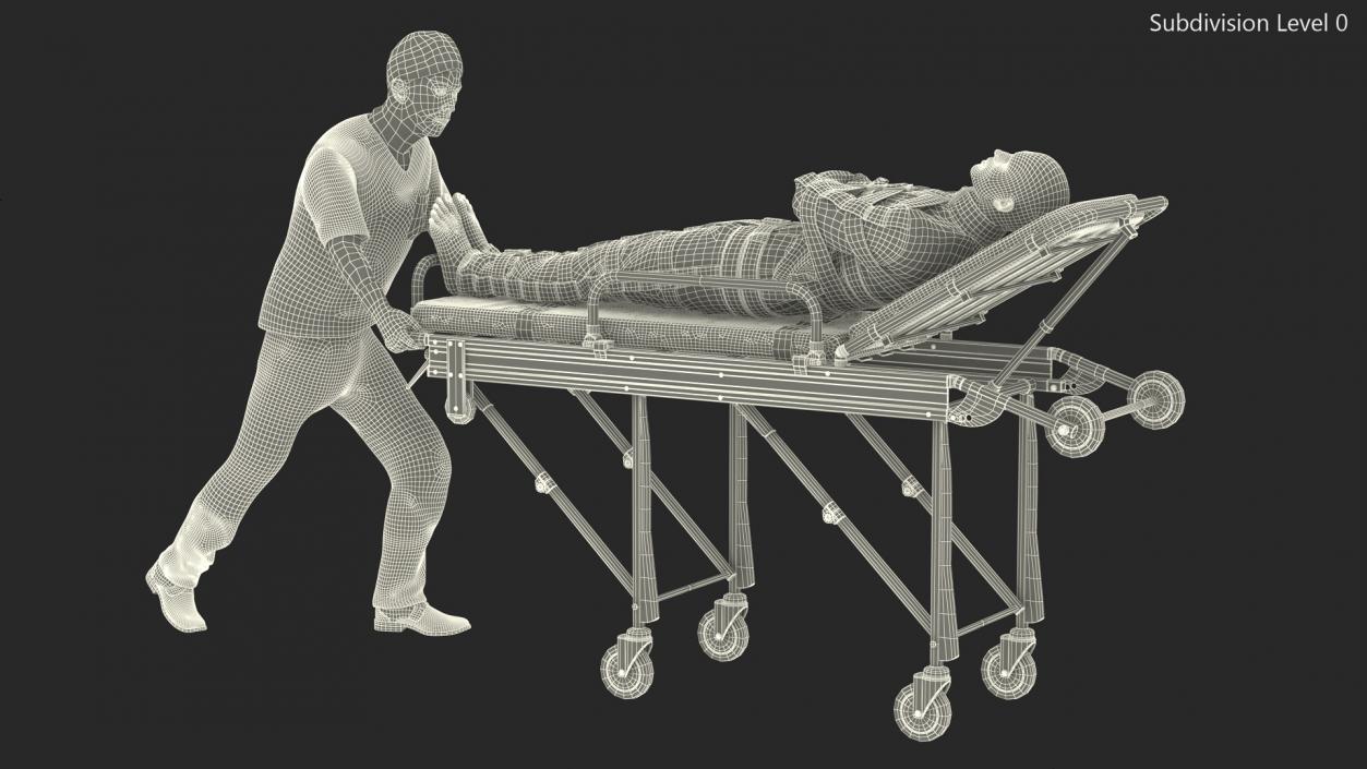 3D Paramedic Pushing Stretcher with Straitjacket Patient model