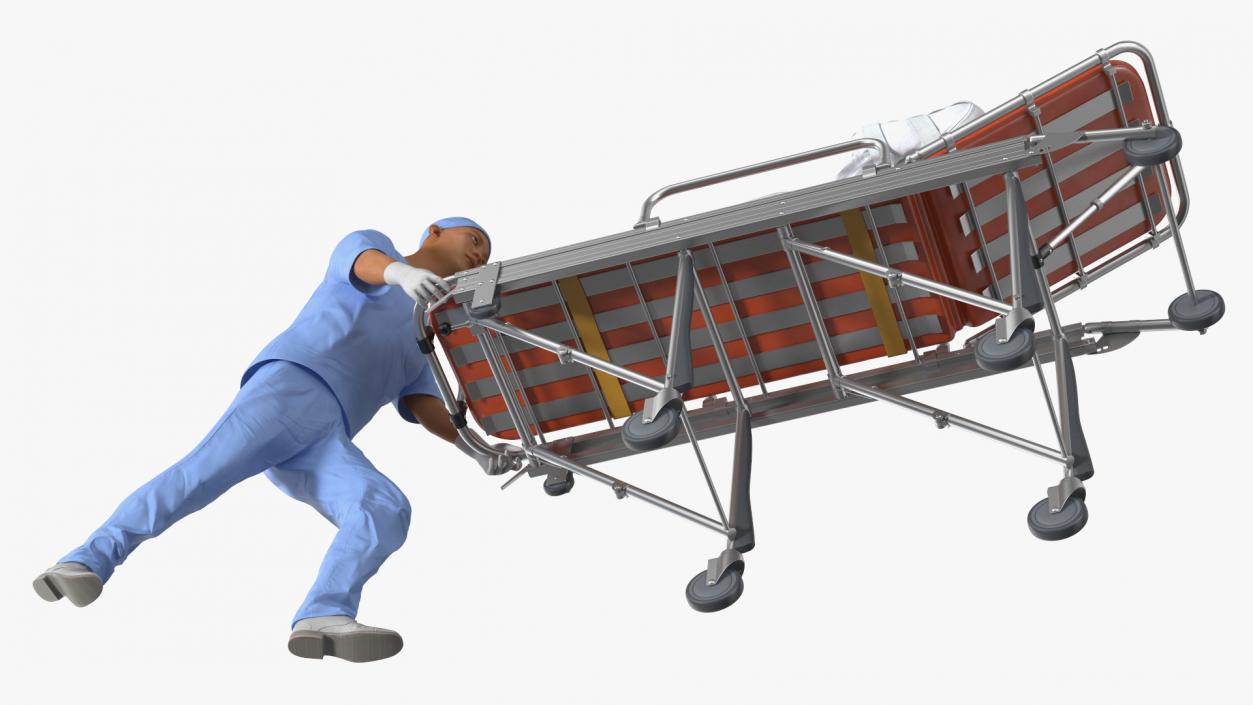 3D Paramedic Pushing Stretcher with Straitjacket Patient model