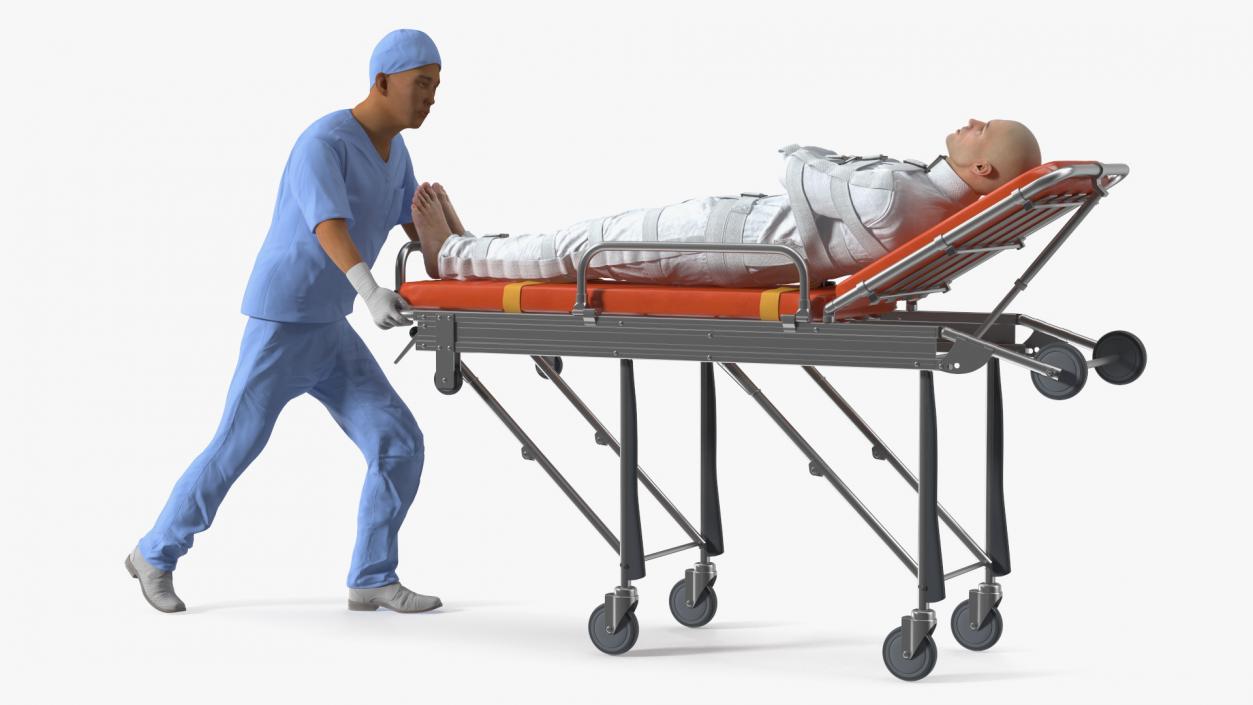 3D Paramedic Pushing Stretcher with Straitjacket Patient model