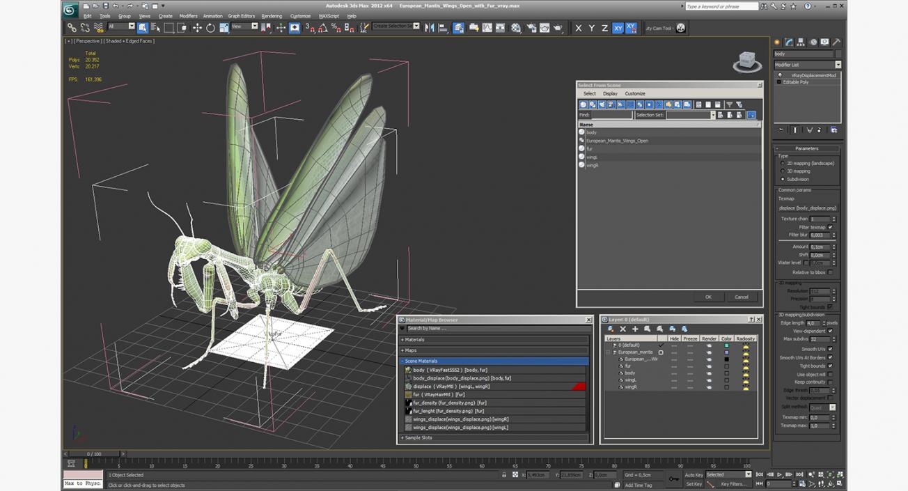 3D model European Mantis Wings Open with Fur