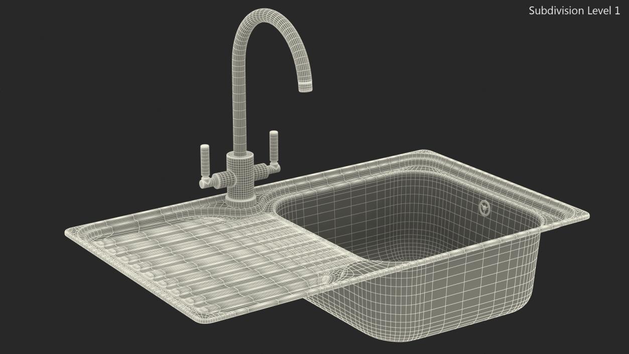 3D Single Bowl Kitchen Sink with Drainboard and Tap model