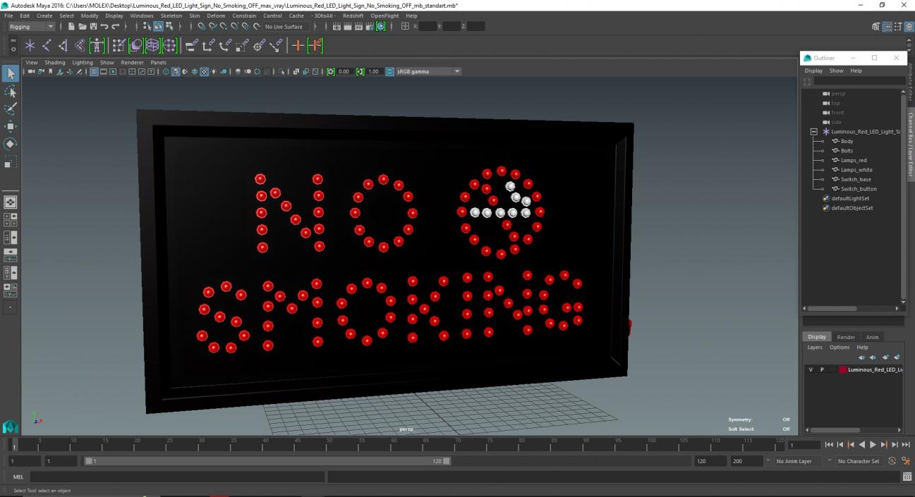 Luminous Red LED Light Sign No Smoking OFF 3D