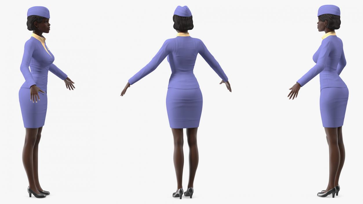 3D Dark Skinned Black Stewardess Rigged