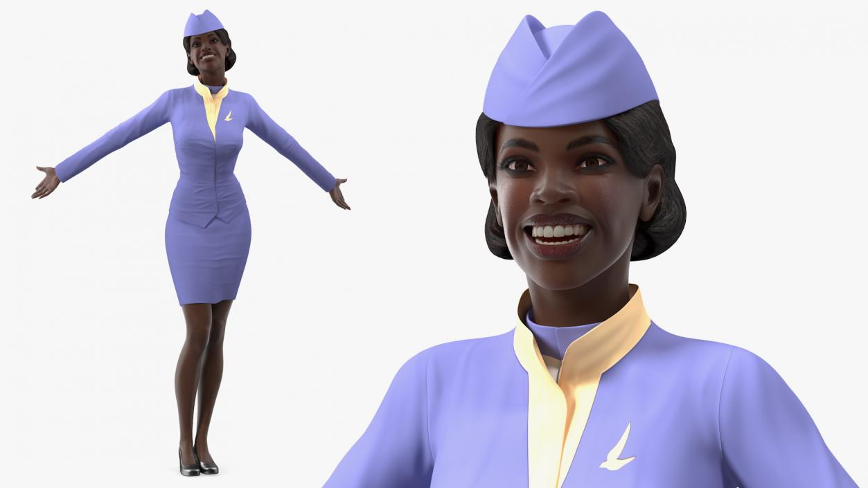 3D Dark Skinned Black Stewardess Rigged