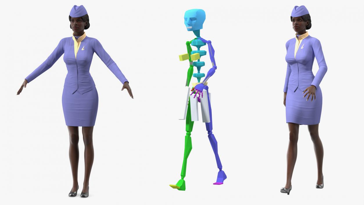 3D Dark Skinned Black Stewardess Rigged