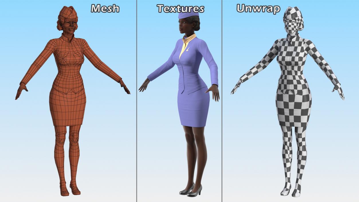 3D Dark Skinned Black Stewardess Rigged