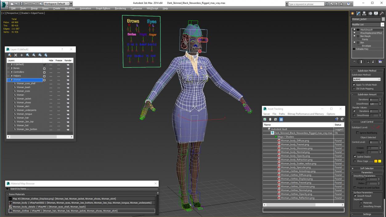 3D Dark Skinned Black Stewardess Rigged