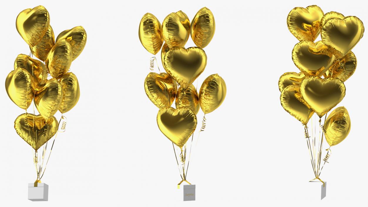 3D Heart Shaped Gold Balloons Tied to Gift Box model