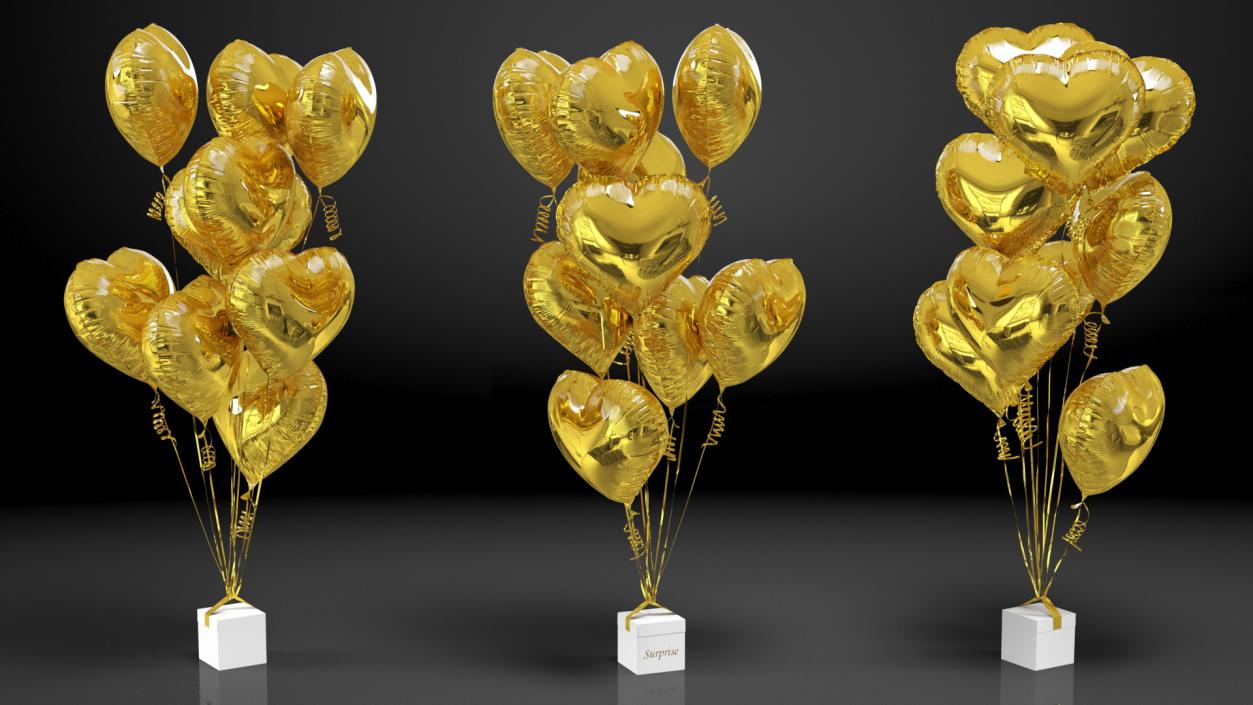 3D Heart Shaped Gold Balloons Tied to Gift Box model