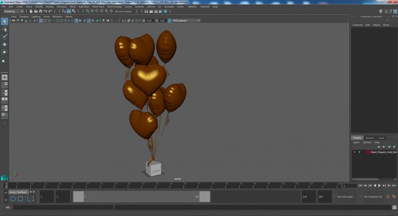 3D Heart Shaped Gold Balloons Tied to Gift Box model