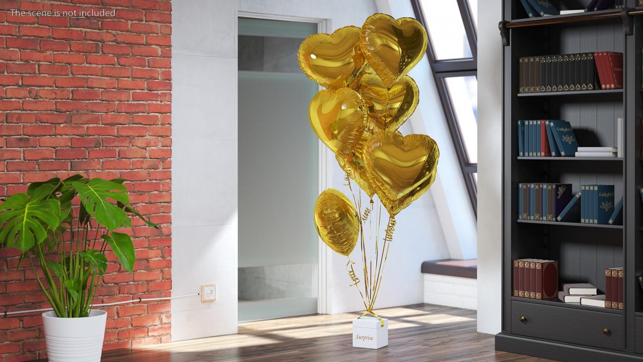 3D Heart Shaped Gold Balloons Tied to Gift Box model