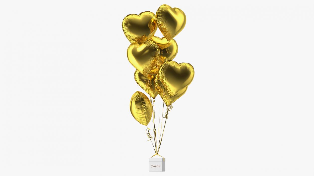 3D Heart Shaped Gold Balloons Tied to Gift Box model