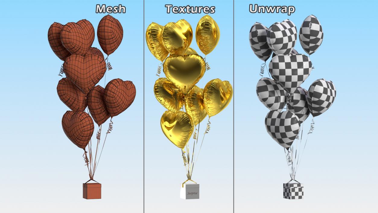 3D Heart Shaped Gold Balloons Tied to Gift Box model