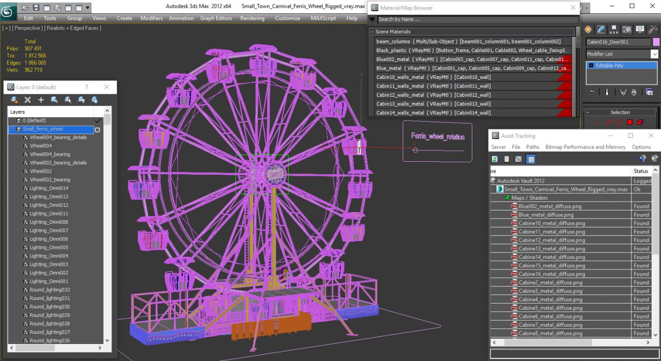 Small Town Carnival Ferris Wheel Rigged 3D model