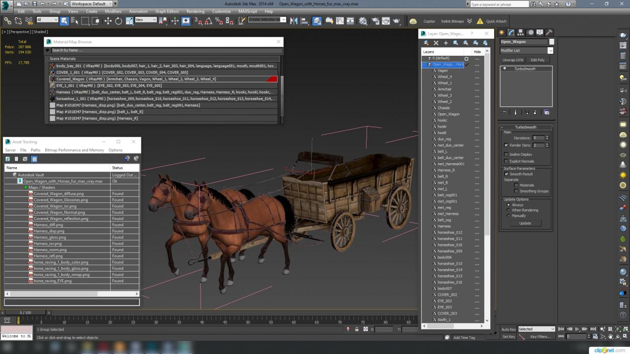 3D Open Wagon with Horses fur