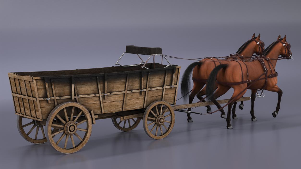 3D Open Wagon with Horses fur