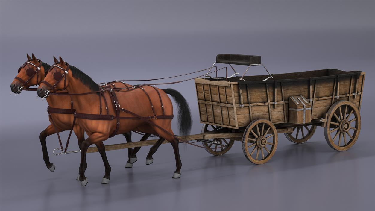 3D Open Wagon with Horses fur