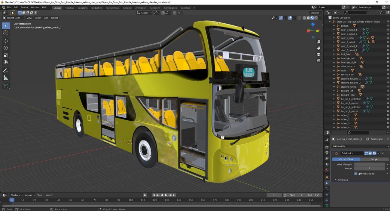 3D model Open Air Tour Bus Simple Interior Yellow