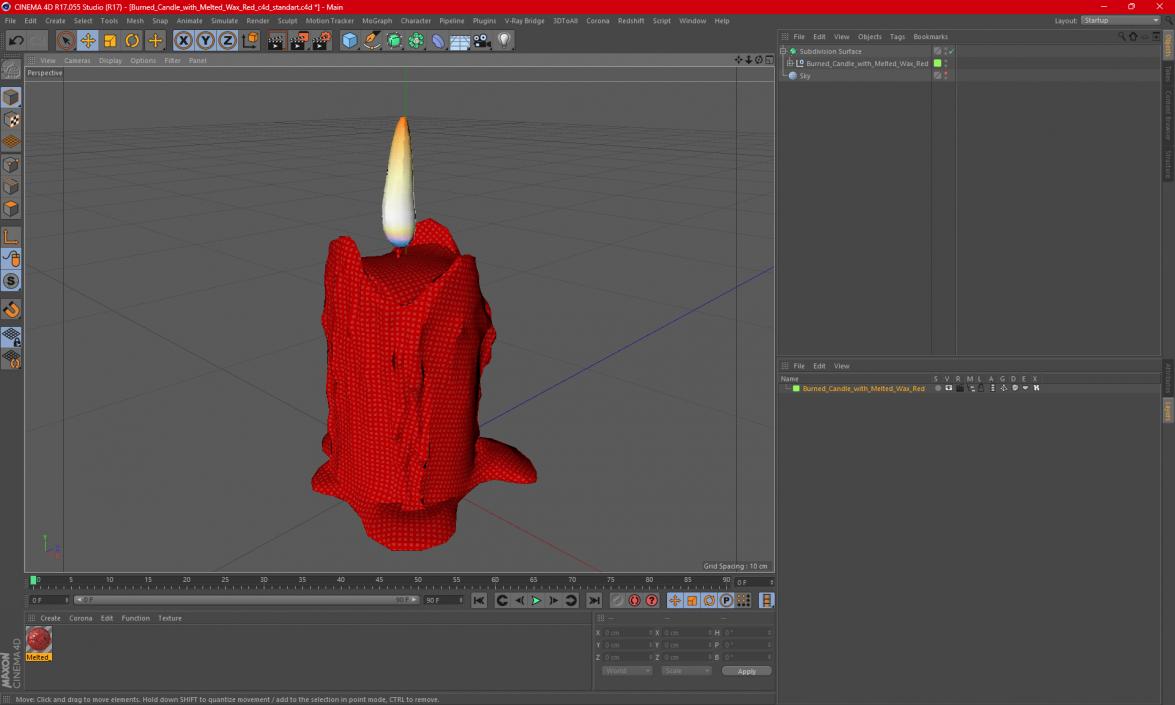 3D Burned Candle with Melted Wax Red model