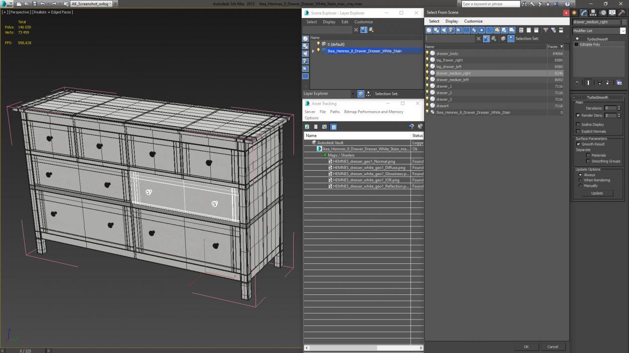 3D model Ikea Hemnes 8 Drawer Dresser White Stain