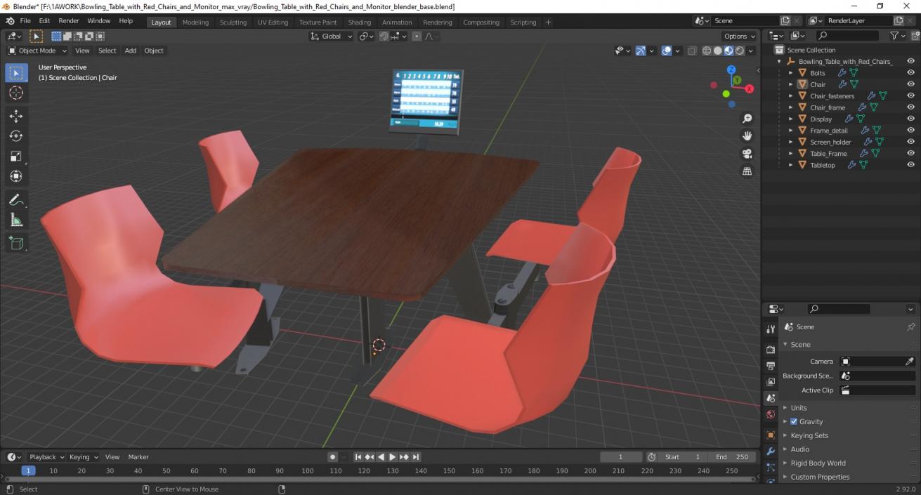 3D Bowling Table with Red Chairs and Monitor 2 model