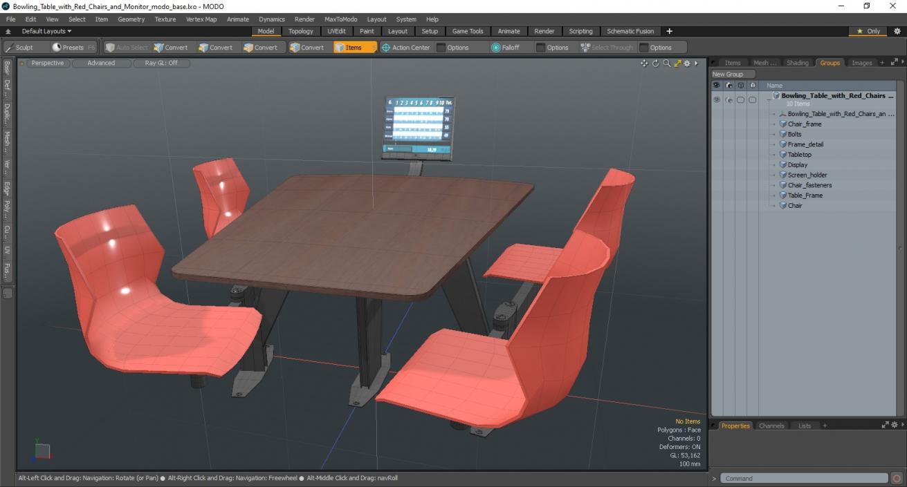 3D Bowling Table with Red Chairs and Monitor 2 model