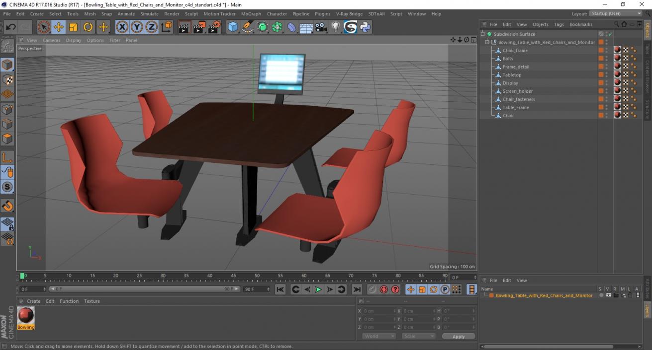 3D Bowling Table with Red Chairs and Monitor 2 model