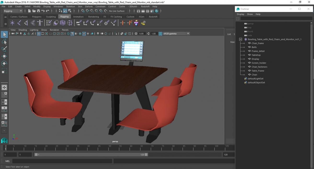 3D Bowling Table with Red Chairs and Monitor 2 model