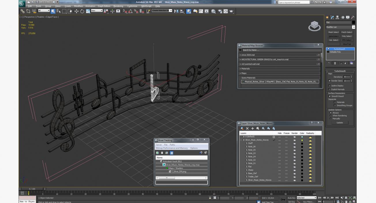 Silver Music Notes Waves 3D model