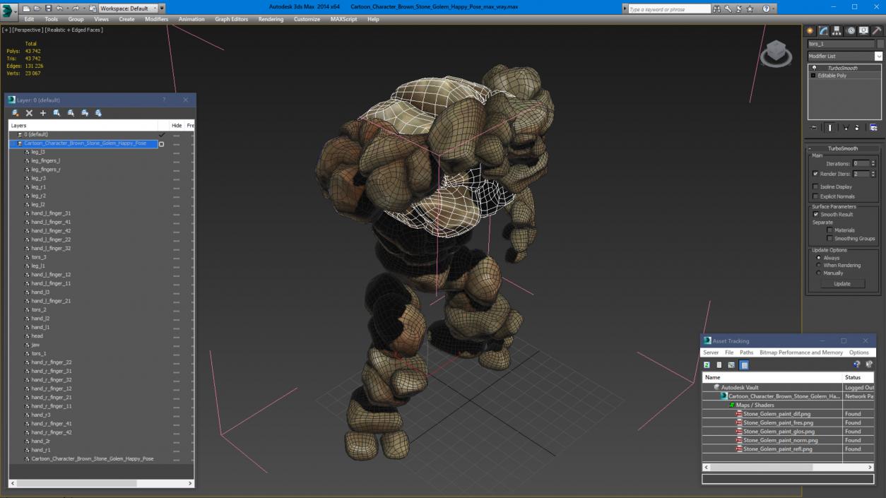 3D Cartoon Character Brown Stone Golem Happy Pose